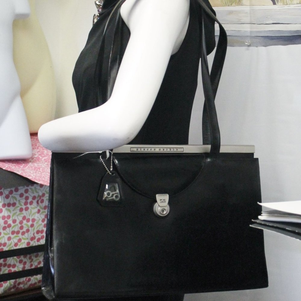 Vintage Pierre Cardin Black Leather Tote Bag with Silver Hardware